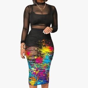 🎀NWT Women Sexy Mesh Long Sleeve Ruched Midi Dress Crop Top Skirt 3 Piece